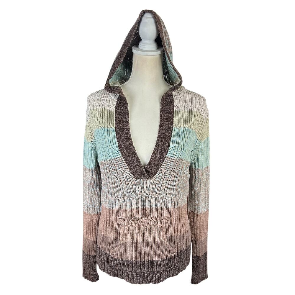 Stamp 10 Striped Knit Hoodie Women Size Large Chunky Ribbed Retro Boho Sweater